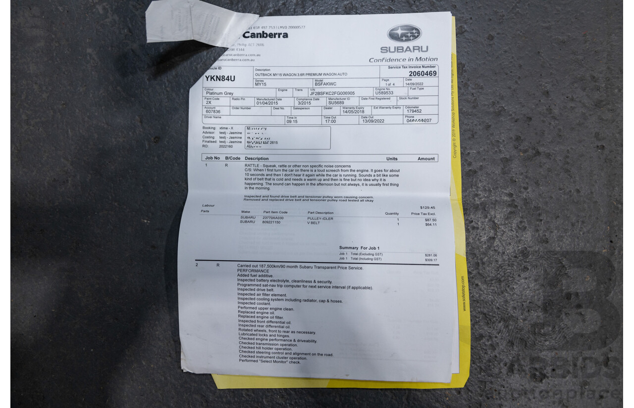 5/2015 Subaru Outback 3.6R Premium MY15 (AWD) 4d Wagon Platinum Grey Metallic 3.6L