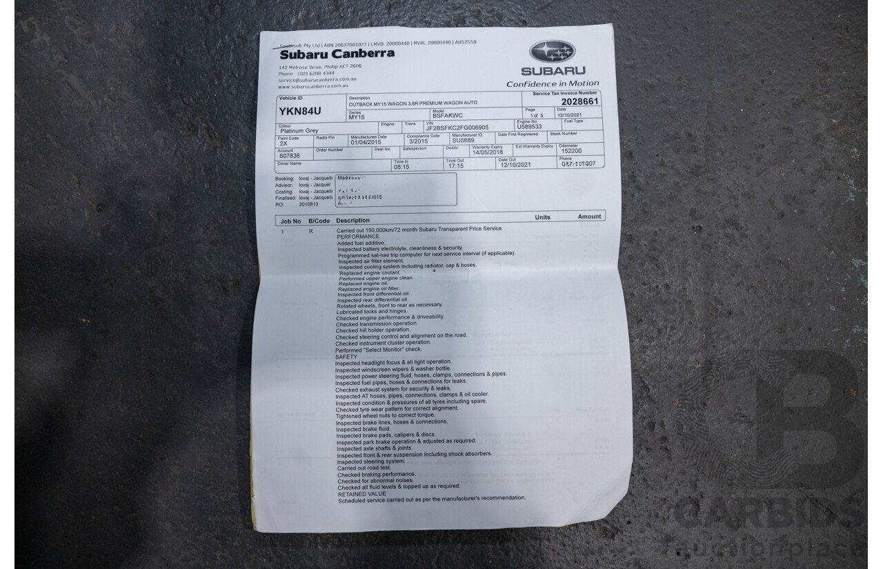 5/2015 Subaru Outback 3.6R Premium MY15 (AWD) 4d Wagon Platinum Grey Metallic 3.6L