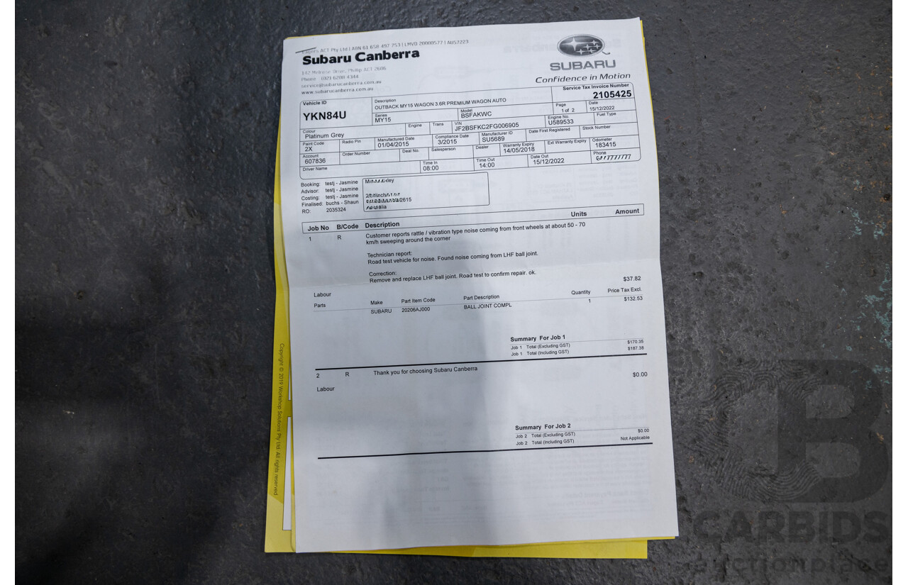 5/2015 Subaru Outback 3.6R Premium MY15 (AWD) 4d Wagon Platinum Grey Metallic 3.6L