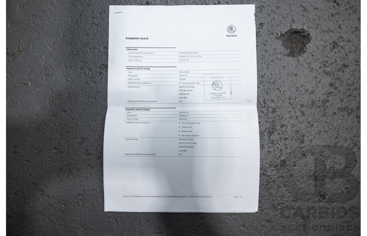 01/2018 Skoda Kodiaq 132TSI (4x4) NS MY18 4d Wagon Black Magic Pearl Turbo 2.0L - 7 Seater