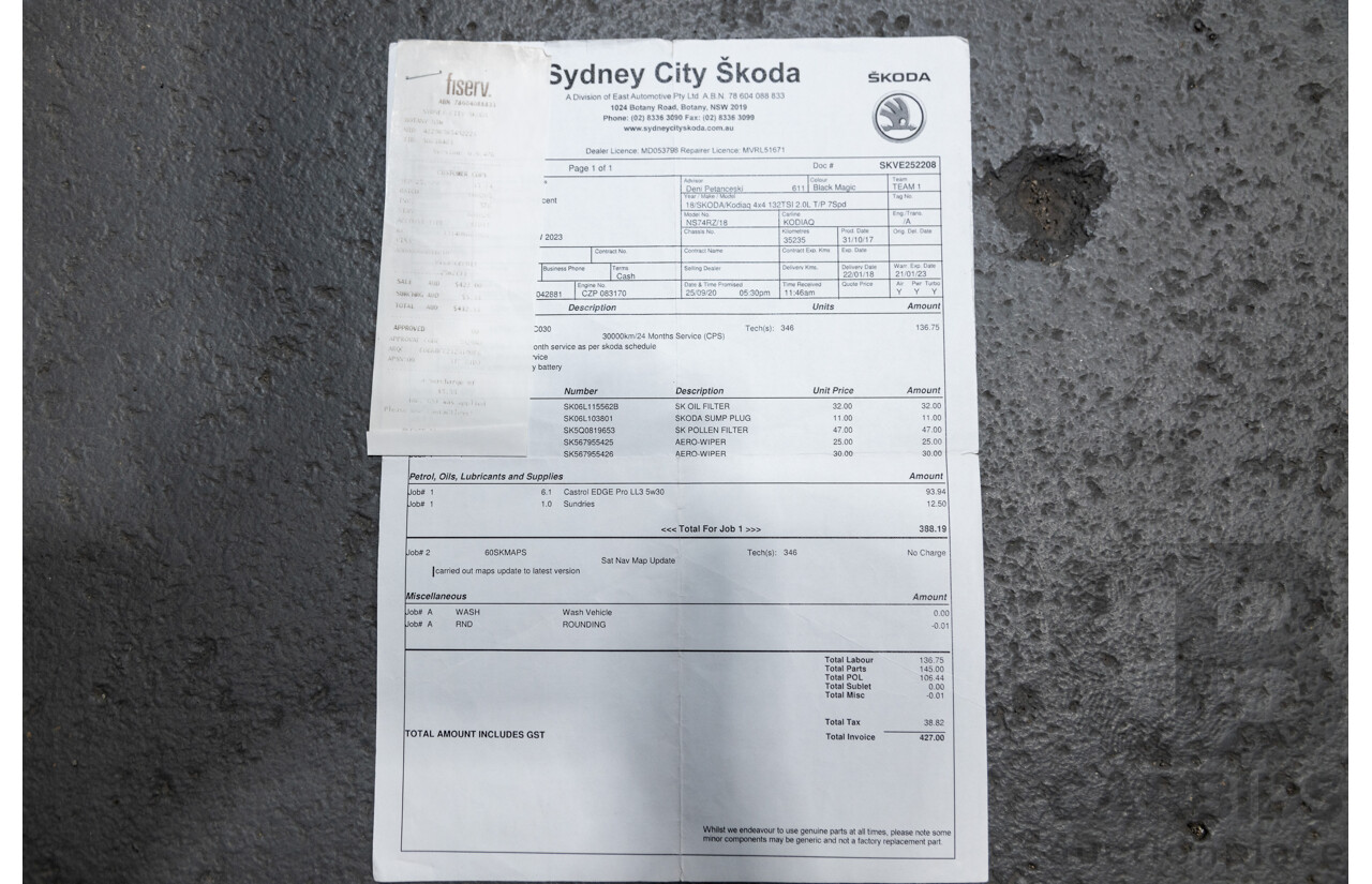 01/2018 Skoda Kodiaq 132TSI (4x4) NS MY18 4d Wagon Black Magic Pearl Turbo 2.0L - 7 Seater