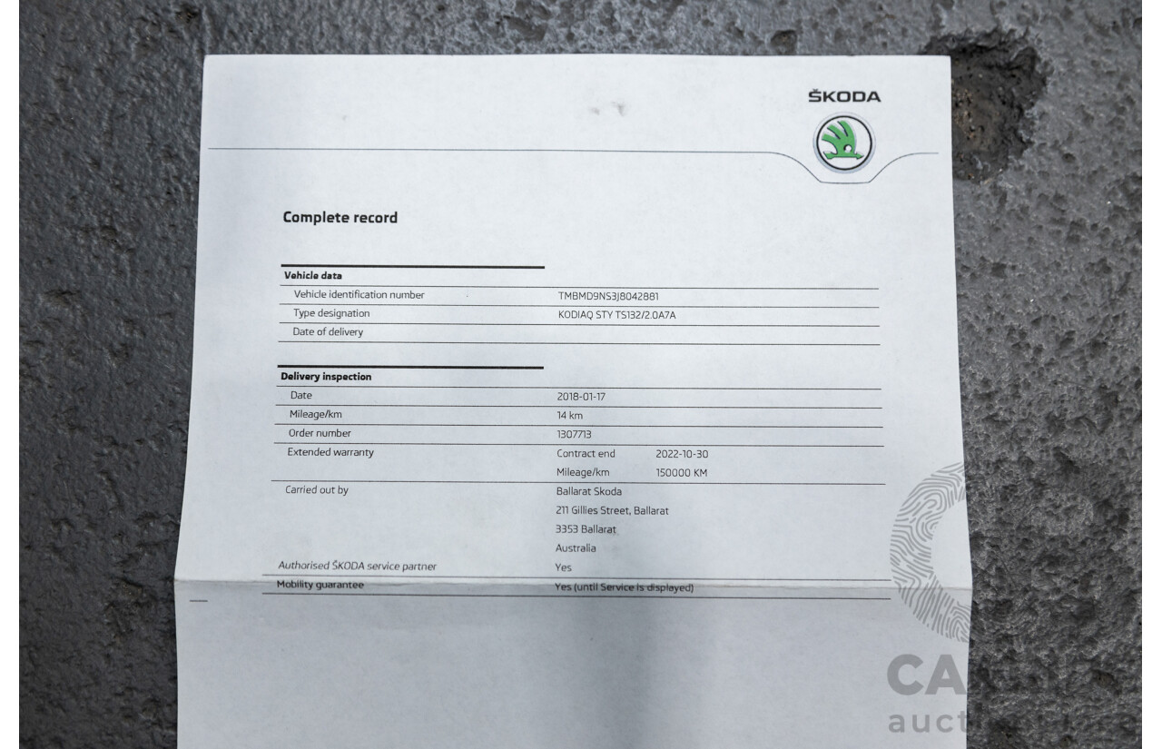 01/2018 Skoda Kodiaq 132TSI (4x4) NS MY18 4d Wagon Black Magic Pearl Turbo 2.0L - 7 Seater