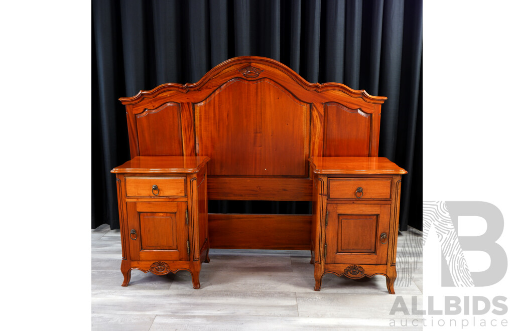 Pair of French Style Mahogany Bedsides with Queen Size Bedhead