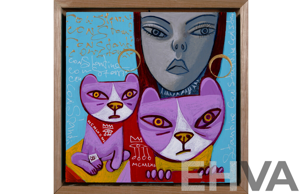 Constantine Popov, (20th Century, Russian-Australian, 1962-), Girl with Cats 112, Acrylic on Board, 23.5 X 23.5 Cm (frame)