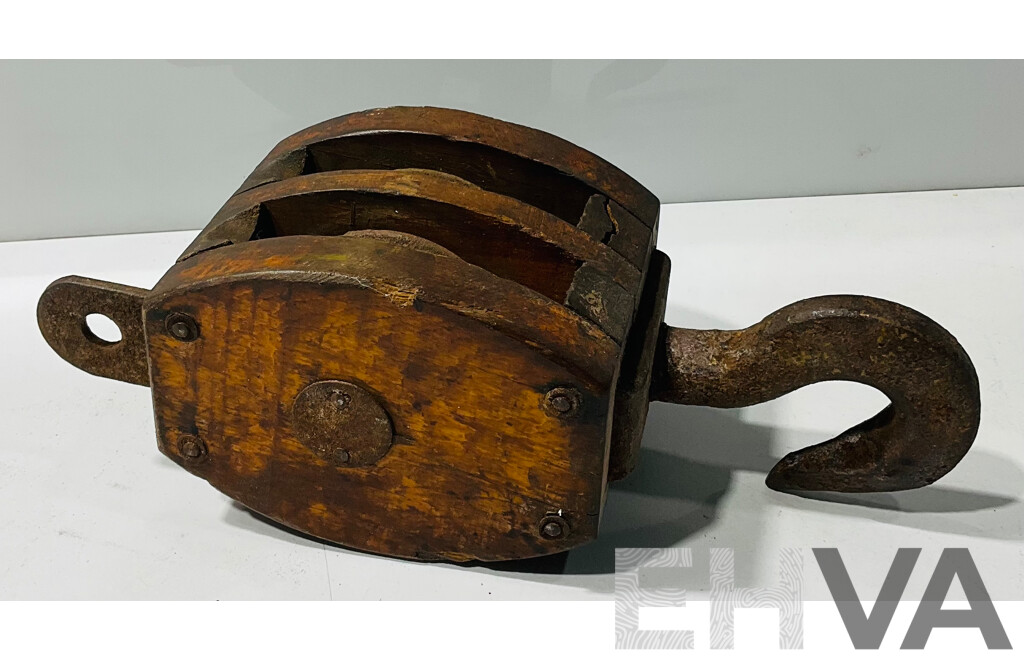 Antique Wooden Pulley Wheel and Hook
