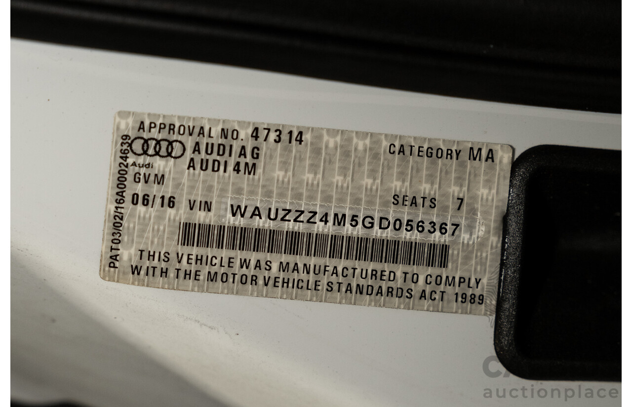 6/2016 Audi Q7 3.0 TDI Quattro (AWD) 4M 4d Wagon Carrara White Turbo Diesel V6 3.0L - 7 Seater