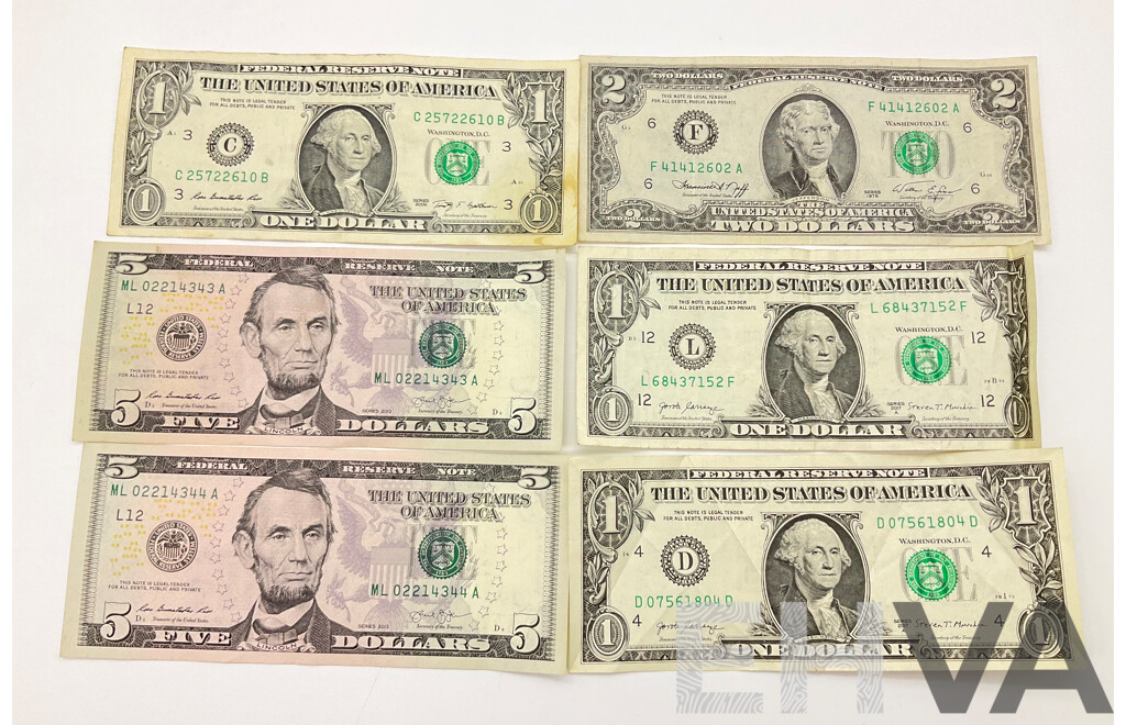 USA Paper Bank Notes Including 1976 Two Dollar, 2017 One Dollar(2) 2013 Five Dollars(2) 2009 One Dollar
