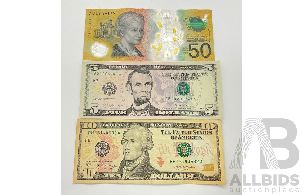 Australian Polymer Fifty Dollar Note, Lowe/Fraser with USA 2017 Five and Ten Dollar Paper Notes