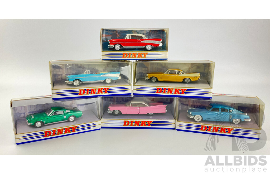 Boxed Vintage Diecast Dinky/Matchbox Classic American Cars Including 1957 Belair, Studebaker Golden Hawk, 1948 Tucker Torpedo, 1957 Chev Convertible, 1967 Fast Back Mustang, 1959 Cadillc