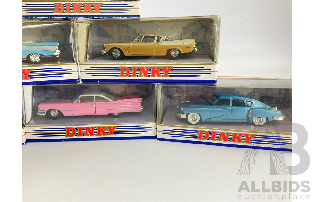 Boxed Vintage Diecast Dinky/Matchbox Classic American Cars Including 1957 Belair, Studebaker Golden Hawk, 1948 Tucker Torpedo, 1957 Chev Convertible, 1967 Fast Back Mustang, 1959 Cadillc