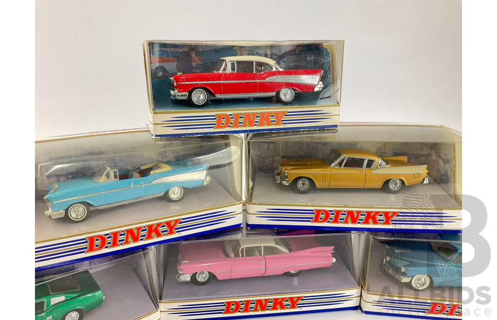 Boxed Vintage Diecast Dinky/Matchbox Classic American Cars Including 1957 Belair, Studebaker Golden Hawk, 1948 Tucker Torpedo, 1957 Chev Convertible, 1967 Fast Back Mustang, 1959 Cadillc