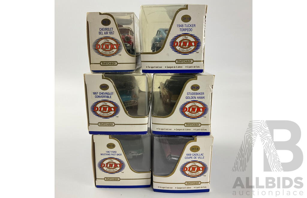Boxed Vintage Diecast Dinky/Matchbox Classic American Cars Including 1957 Belair, Studebaker Golden Hawk, 1948 Tucker Torpedo, 1957 Chev Convertible, 1967 Fast Back Mustang, 1959 Cadillc