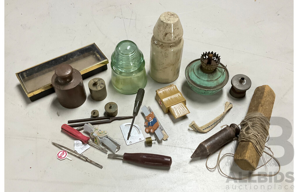 Collection of Vintage Power Line Insulators, Scale Weights and Lamp Parts