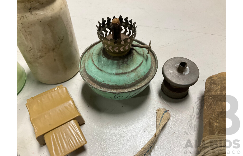 Collection of Vintage Power Line Insulators, Scale Weights and Lamp Parts