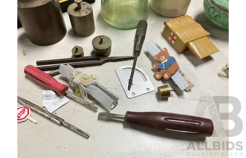 Collection of Vintage Power Line Insulators, Scale Weights and Lamp Parts