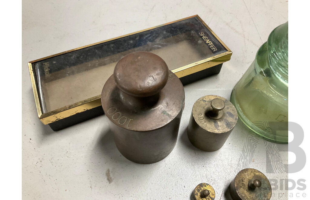 Collection of Vintage Power Line Insulators, Scale Weights and Lamp Parts