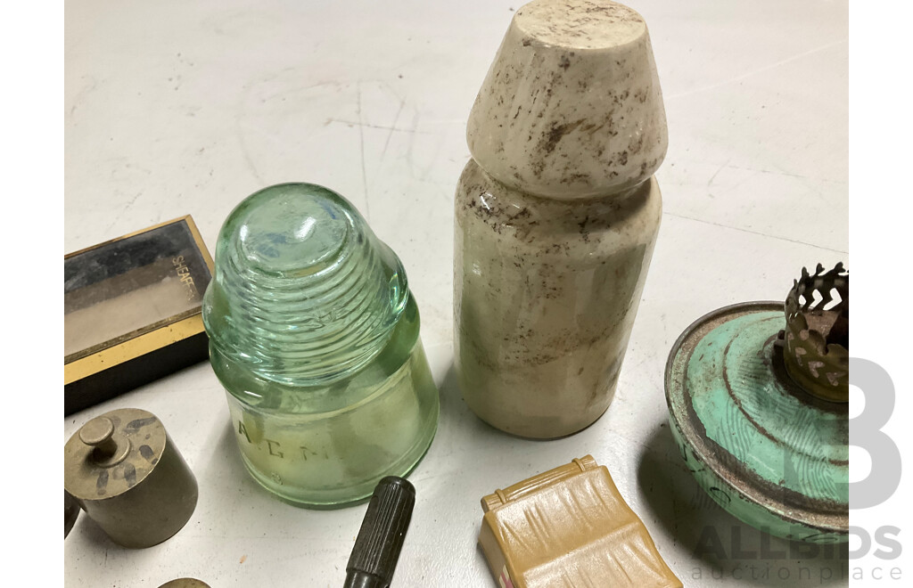 Collection of Vintage Power Line Insulators, Scale Weights and Lamp Parts