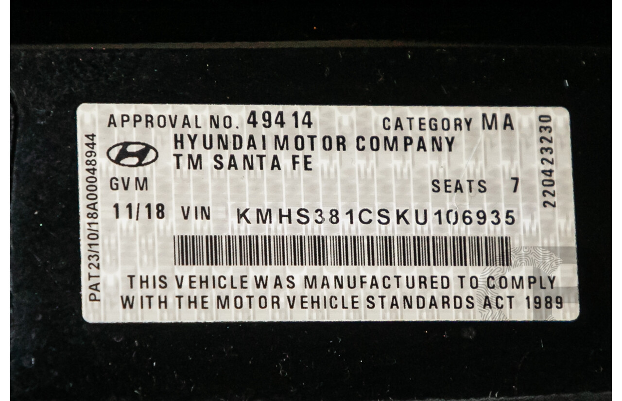 11/2018 Hyundai Santa Fe Highlander (4x4) TM MY19 4d Wagon Phantom Black Turbo Diesel 2.2L - 7 Seater