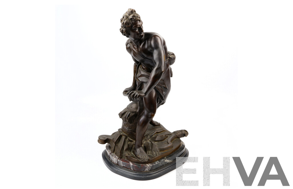 Bronze Statue of David, of Goliath Fame, Arming His Sling on Marble Base, After Bennini