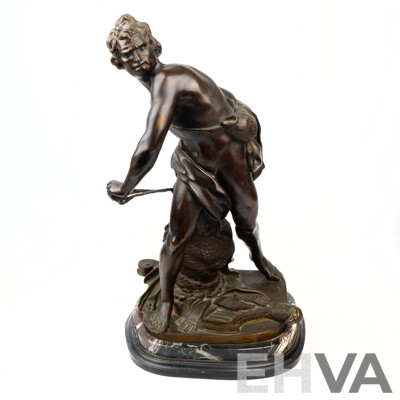 Bronze Statue of David, of Goliath Fame, Arming His Sling on Marble Base, After Bennini