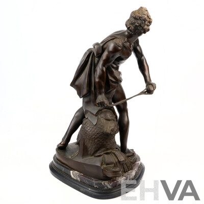 Bronze Statue of David, of Goliath Fame, Arming His Sling on Marble Base, After Bennini