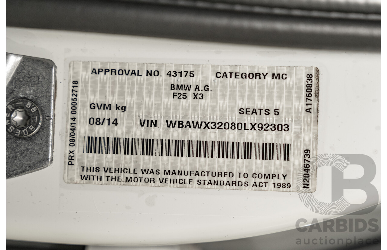 8/2014 BMW X3 Xdrive 20i (AWD) F25 MY14 4d Wagon White Turbo 2.0L