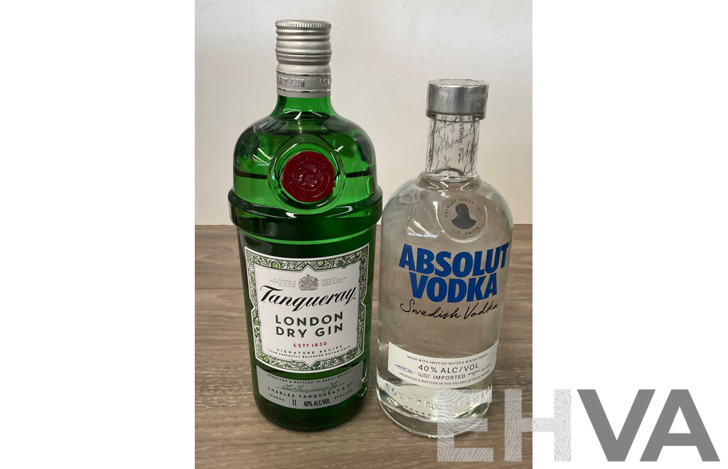 ABSOLUT Vodka 700ml & TANQUERAY London Dry Gin 1L - Lot of 2