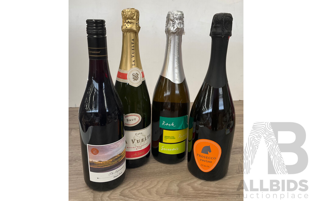 PROSECCO Revino, ROCK PAPER SCISSOR Sparkling Brut Cuvee & CAVA La Vuelta Brut & the IMPRESSIONIST Pinot Noir  - Lot of 4
