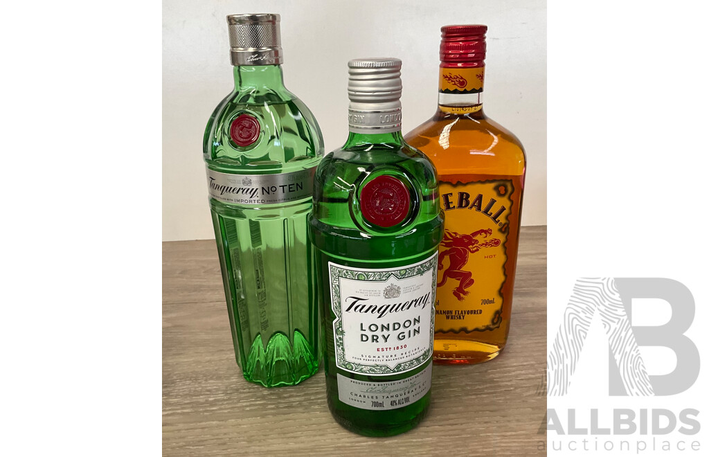 TANQUERAY London Dry Gin 700ml & NO.Ten Gin 700mL & FIREBALL Cinnamon Whisky 700ml -  Lot of 3