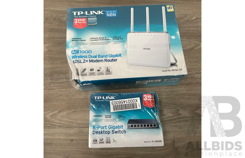 TP-LINK AC1900 Wireless Dual Band Gigabit ADSL2 Modem Router & 8 Port Gigabit Desktop Switch - Lot of 2