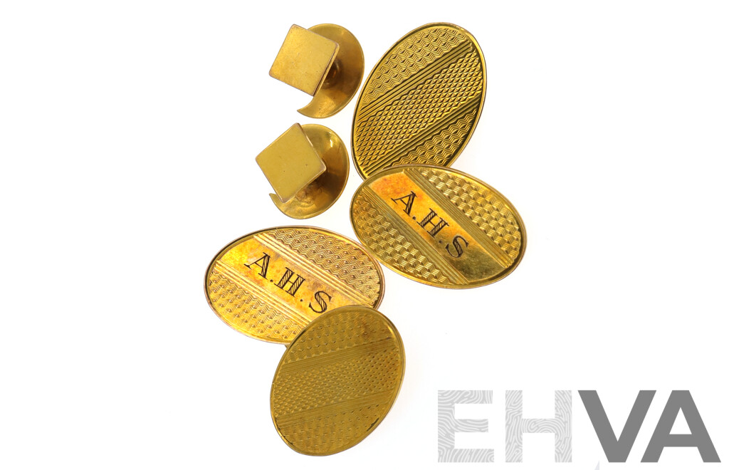 9ct Britannic Vintage Cuff Links and (2) 9ct Gold Square Buttons, All Hallmarked, 8.50 Grams