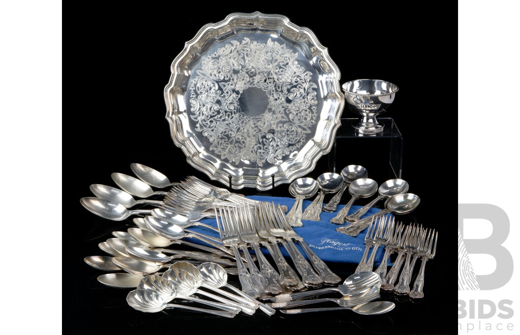 Vintage Silver Plate 59 Piece Flatwear Set in Kings Pattern Along with Other Silver Plate Items