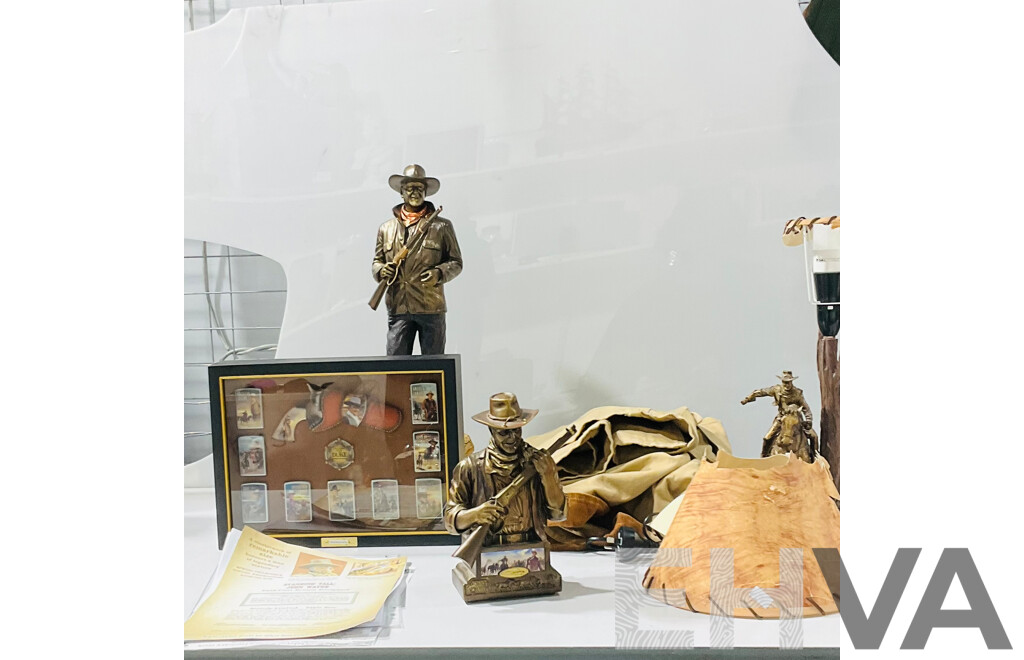 Collection of John Wayne Memorabilia Including Statue, Waist Up Bust, Carved Lamp and More