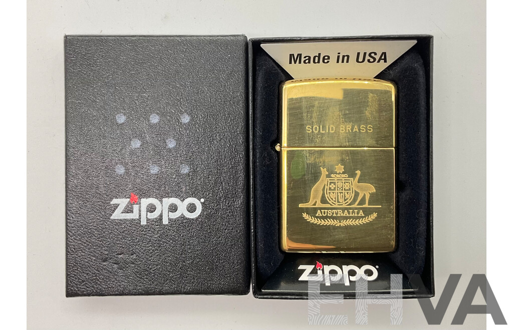 Zippo Lighter in Original Case, Solid Brass Australian Coat of Arms, Made in USA