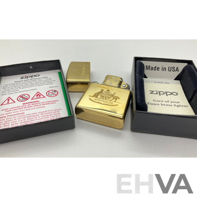 Zippo Lighter in Original Case, Solid Brass Australian Coat of Arms, Made in USA