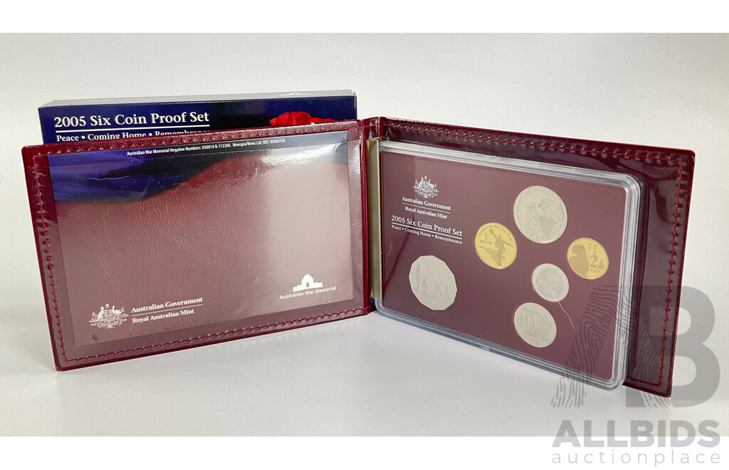 Australian RAM 2005 Six Proof Coin Set with Commemorative One Dollar Peace, Fifty Cent Remembrance and Twenty Cent Coming Home