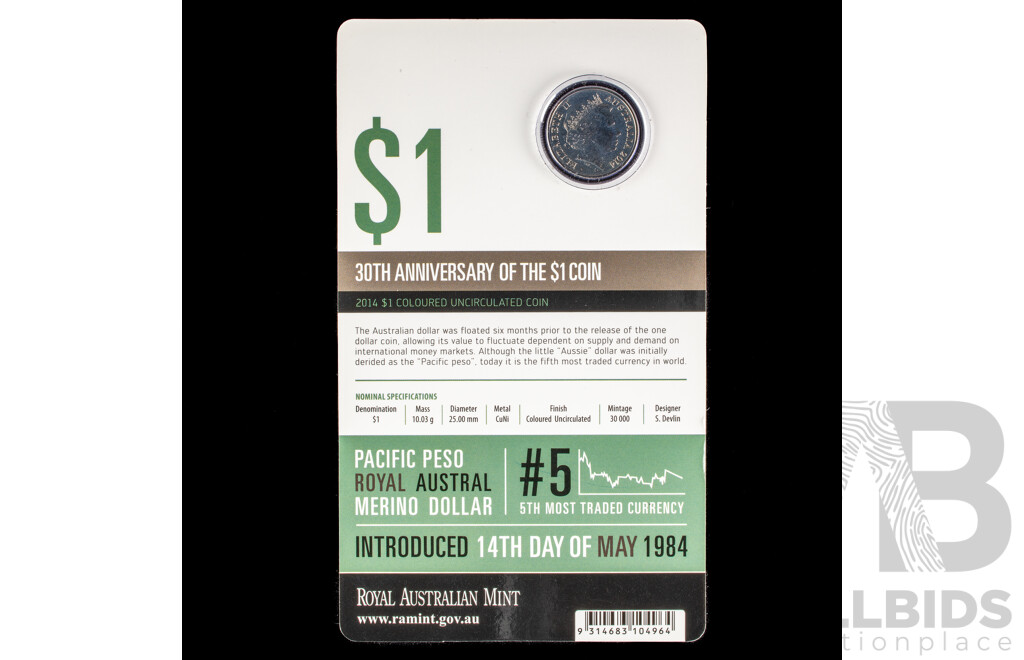 Australian RAM 2014 Coloured One Dollar Coin, 30th Anniversary of the One Dollar Coin