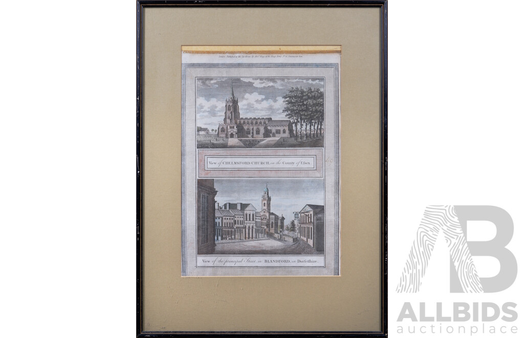 Framed Engravings: View of Chelmsford Church & View of Principal Street in Blandford Together with Portrait of Sir Robert Peel (2)