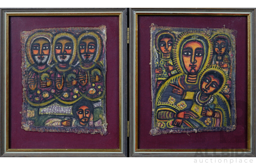Framed 20th Century Ethiopian Coptic Diptych, Oil and Pigment on Cotton