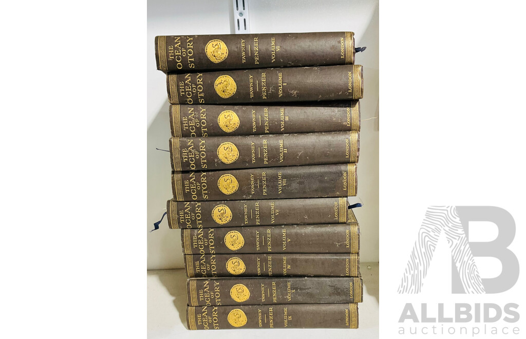 Antique Limited Edition of 1500 Sets, the Ocean of Story, C H Tawneys Translation, Privatley Printed for Subscribers, Chas J Sayer, London, 1924, Complete Ten Volume Embossed Hardcover Set