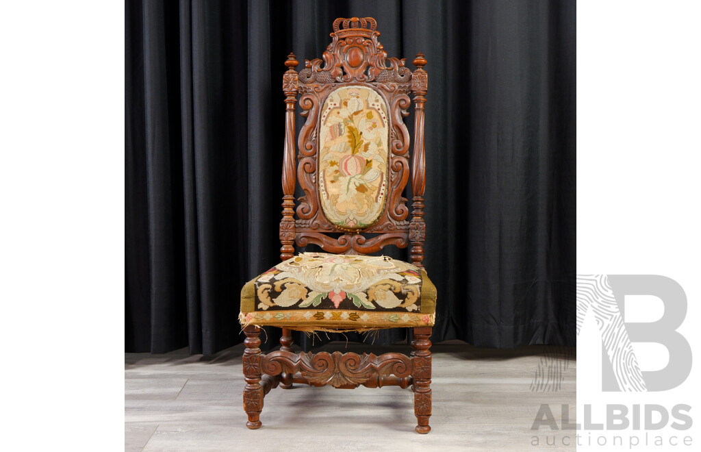 Carved Oak Nursing Chair with Needlepoint Upholstery