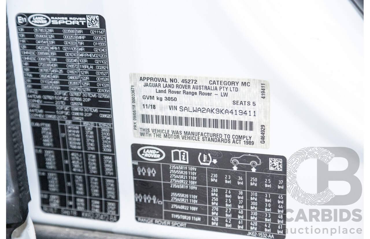 11/2018 Land Rover Range Rover Sport SDV6 SE (4x4) MY19 4d Wagon Polaris White Twin Turbo Diesel 3.0L