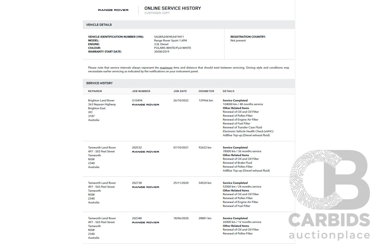 11/2018 Land Rover Range Rover Sport SDV6 SE (4x4) MY19 4d Wagon Polaris White Twin Turbo Diesel 3.0L
