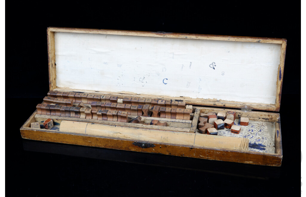 Antique Childs Toy Wooden Printing Block Set in Wooden Case