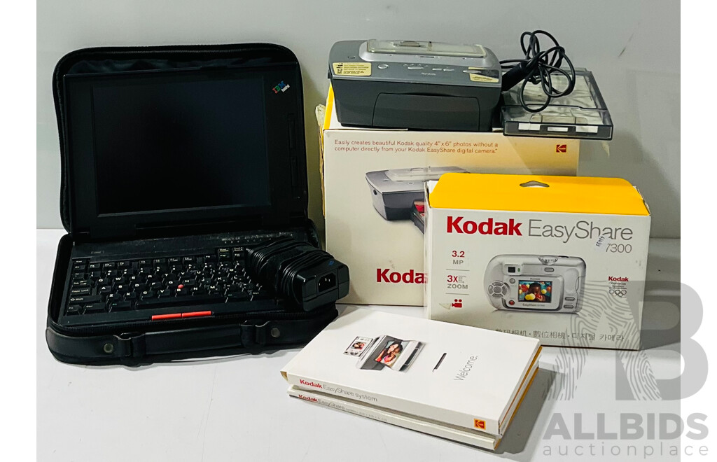 Vintage IBM ThinkPad in Original Carry Case Alongside Kodak Easy Share Printer and Camera, Both in Original Boxes