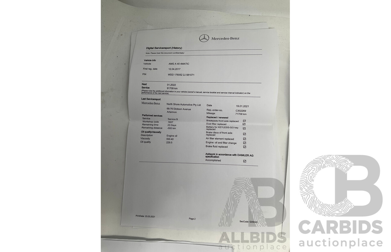 03/2017 Mercedes Benz A45 AMG (AWD) 176 4d Hatchback Calcite White Turbo 2.0L