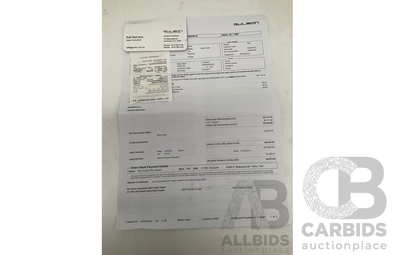 03/2017 Mercedes Benz A45 AMG (AWD) 176 4d Hatchback Calcite White Turbo 2.0L