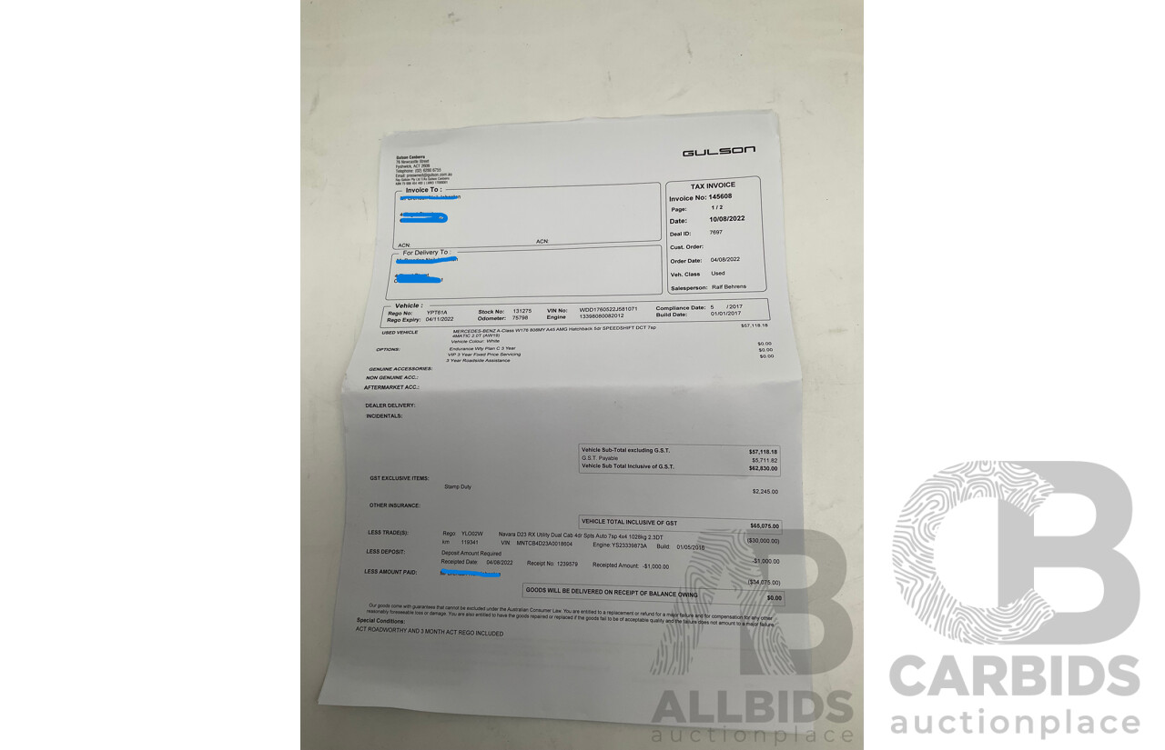 03/2017 Mercedes Benz A45 AMG (AWD) 176 4d Hatchback Calcite White Turbo 2.0L