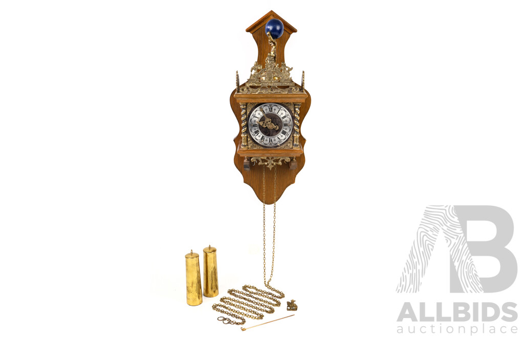 Vintage Zaanse Style Wall Clock, Two Weight Driven with Gilt Metal, Atlas and Pediment, German Movement