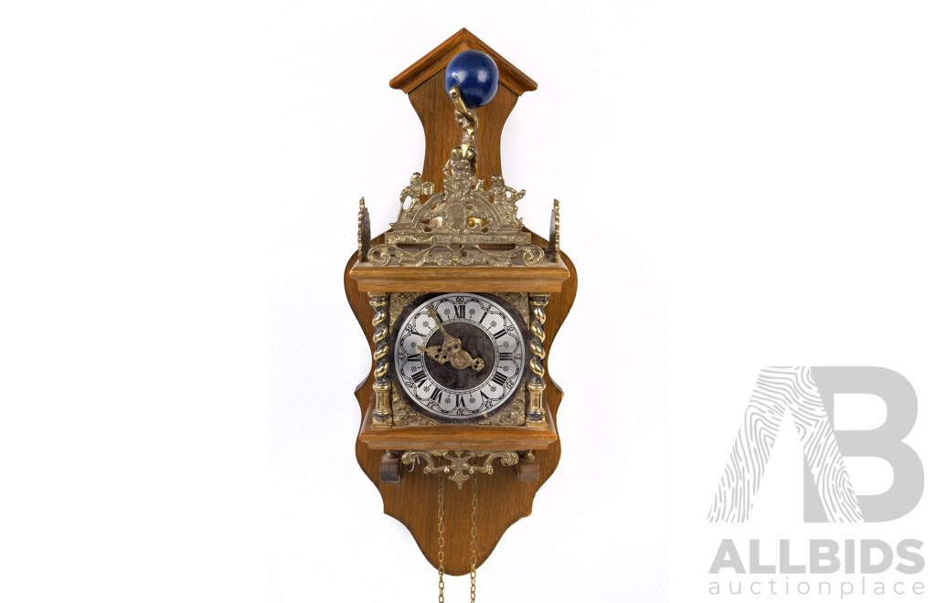 Vintage Zaanse Style Wall Clock, Two Weight Driven with Gilt Metal, Atlas and Pediment, German Movement